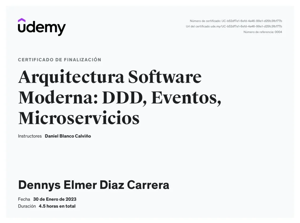 Certificado: Arquitectura Software Moderna: DDD, Eventos, Microservicios